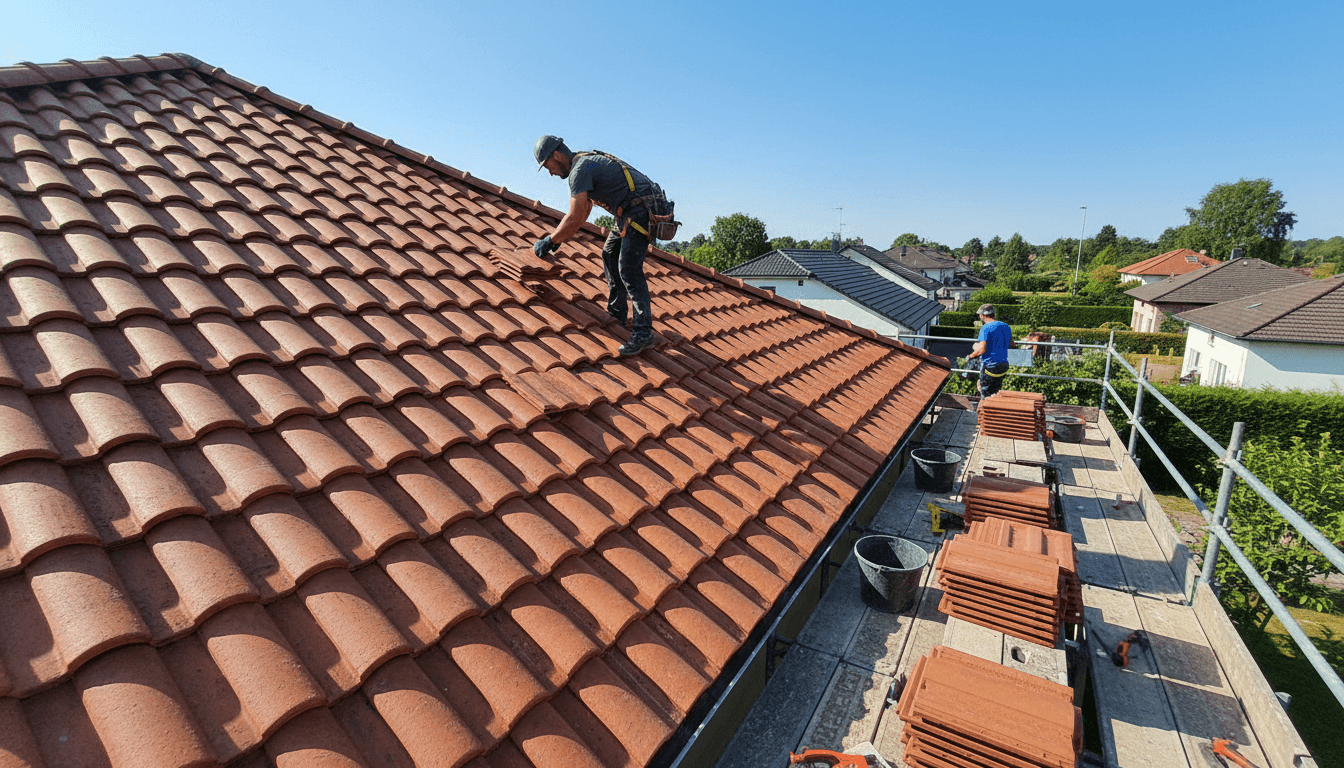 Professional roofer installing new roof on residential home in Lake County